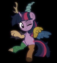 Size: 1280x1428 | Tagged: safe, artist:skylordlysander, discord, twilight sparkle, draconequus, pony, g4, bipedal, black background, clothes, cosplay, costume, cute, cute little fangs, fangs, female, mare, one eye closed, simple background, socks, solo, stockings, thigh highs, wink