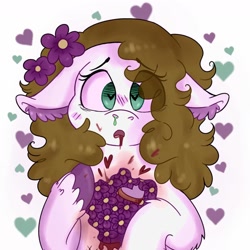 Size: 1536x1536 | Tagged: safe, artist:milledpurple, oc, oc only, earth pony, pony, blushing, bust, ear fluff, female, floppy ears, flower, flower in hair, heart eyes, mare, runny nose, simple background, solo, unshorn fetlocks, white background, wingding eyes
