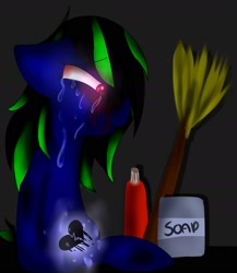 Size: 1750x2013 | Tagged: safe, artist:milledpurple, oc, oc only, earth pony, pony, blushing, broom, crying, ear fluff, earth pony oc, heartbreak, sitting, soap, solo