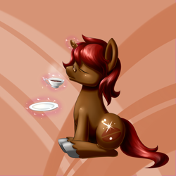 Size: 1600x1600 | Tagged: safe, artist:renatethepony, oc, oc only, pony, unicorn, abstract background, cup, eyes closed, food, glasses, glowing, glowing horn, horn, magic, male, sitting, solo, stallion, tea, teacup, telekinesis, unshorn fetlocks
