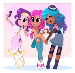 Size: 1979x1929 | Tagged: safe, artist:syrupyyy, izzy moonbow, pipp petals, sunny starscout, human, g5, my little pony: a new generation, adorapipp, bag, blushing, cellphone, clothes, converse, cute, dark skin, dress, ear piercing, elf ears, eyes closed, featured image, female, fishnet clothing, hat, heart hands, holding hands, humanized, izzybetes, jacket, light skin, moderate dark skin, one eye closed, open mouth, pants, peace sign, phone, piercing, selfie, shoes, skirt, smartphone, smiling, sneakers, sunnybetes, syrupyyy is trying to murder us, tan skin, trio, unicorns as elves, wink