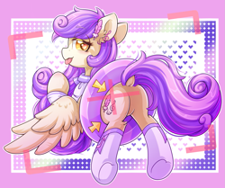 Size: 1653x1385 | Tagged: safe, artist:twilight-minkowski, oc, pegasus, pony, :p, bedroom eyes, butt, clothes, cute, dock, eyebrows, eyebrows visible through hair, featureless crotch, female, heart eyes, looking at you, looking back, looking back at you, mare, plot, socks, tail, tongue out, underhoof, wingding eyes