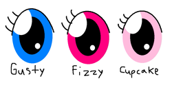 Size: 871x432 | Tagged: safe, artist:richup65, cupcake (g1), fizzy, gusty, g1, eye, eyelashes, simple background, white background