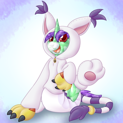 Size: 2000x2000 | Tagged: safe, alternate version, artist:plinkie_poi, oc, oc only, oc:crescent star, crystal pony, crystal unicorn, gatomon, pony, unicorn, clothes, cosplay, costume, diaper, diaper fetish, digimon, fetish, happy, high res, hoodie, kigurumi, male, non-baby in diaper, paws, poofy diaper, sitting, smiling, solo, stallion