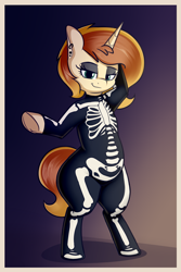 Size: 2161x3240 | Tagged: safe, artist:andelai, oc, oc only, oc:celice, unicorn, semi-anthro, arm hooves, bone, clothes, costume, eyeshadow, female, halloween, halloween costume, high res, holiday, makeup, mare, piercing, simple background, skeleton, skeleton costume, solo, wide hips