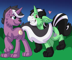 Size: 1280x1067 | Tagged: safe, artist:detective coon, oc, oc only, oc:charming dazz, oc:crescent star, crystal pony, crystal unicorn, pony, skunk, skunk pony, unicorn, female, field, grin, love, male, mare, paws, simple background, skunk stripe, smiling, stallion, transformation