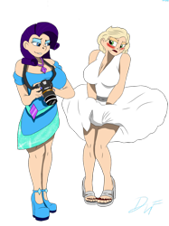 Size: 1280x1707 | Tagged: safe, artist:holdenwolfart, applejack, rarity, human, g4, applejack also dresses in style, applejack is not amused, blushing, breasts, busty applejack, busty rarity, camera, cleavage, clothes, dress, frown, high heels, humanized, lipstick, lost bet, makeup, marilyn monroe, shoes, simple background, skirt, skirt lift, smiling, smirk, the seven year itch, transparent background, unamused