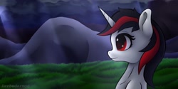 Size: 4096x2048 | Tagged: safe, artist:darbedarmoc, oc, oc only, oc:blackjack, pony, unicorn, fallout equestria, fallout equestria: project horizons, cloud, eyelashes, field, grass, mountain, night, red eyes, solo