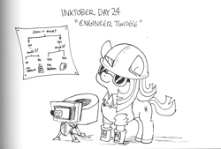 Size: 2287x1545 | Tagged: safe, artist:tjpones, twilight sparkle, pony, unicorn, g4, black and white, clothes, diagram, duct tape, engineer, engineer (tf2), female, filly, flowchart, goggles, grayscale, gun, hard hat, hat, inktober, inktober 2021, monochrome, overalls, sentry, tape, team fortress 2, traditional art, turret, twiggie, unicorn twilight, wd-40, weapon
