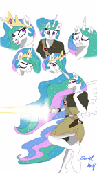 Size: 1280x2277 | Tagged: safe, artist:holdenwolfart, princess celestia, alicorn, anthro, g4, against wall, facial expressions, lightsaber, smiling, solo, star wars, weapon