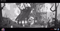 Size: 3840x1977 | Tagged: safe, artist:fabia sans, izzy moonbow, pony, unicorn, g5, my little pony: a new generation, bridlewood, concept art, female, grayscale, izzy's house, la villa izzy, mare, monochrome, treehouse