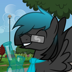 Size: 710x710 | Tagged: safe, oc, oc only, oc:mysterious star, pegasus, pony, bong, bust, glasses, headshot commission, nature, necktie, park, portrait, solo