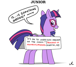 Size: 5400x4725 | Tagged: safe, artist:docwario, twilight sparkle, pony, unicorn, g4, clothes, costume, dialogue, female, glasses, halloween, halloween costume, holiday, looking back, mare, open mouth, open smile, sign, smiling, solo, speech bubble, trollight sparkle, twitober, unicorn twilight