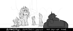 Size: 1427x598 | Tagged: safe, artist:rohana mentz, alphabittle blossomforth, izzy moonbow, pipp petals, zipp storm, armadillo, pegasus, pony, unicorn, g5, my little pony: a new generation, animal, dialogue, female, grayscale, male, mare, monochrome, sad, stallion, storyboard