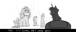 Size: 1427x598 | Tagged: safe, artist:rohana mentz, alphabittle blossomforth, izzy moonbow, pipp petals, zipp storm, armadillo, pegasus, pony, unicorn, g5, my little pony: a new generation, animal, dialogue, female, grayscale, male, mare, monochrome, stallion, storyboard