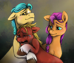 Size: 2353x1997 | Tagged: safe, artist:aga_wisnia, hitch trailblazer, sprout cloverleaf, sunny starscout, earth pony, pony, g5, my little pony: a new generation, alternate ending, argument in the comments, coat markings, comforting, crying, discussion in the comments, eyes closed, feels, female, frown, high res, hug, male, mare, open mouth, runny nose, sad, sad sprout, smiling, socks (coat markings), sproutlove, stallion, trio, woobie