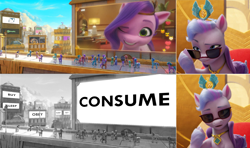Size: 1364x806 | Tagged: safe, edit, edited screencap, screencap, pipp petals, queen haven, pegasus, pony, g5, my little pony: a new generation, spoiler:my little pony: a new generation, female, mare, sunglasses, they live, zephyr heights