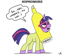 Size: 5400x4725 | Tagged: safe, artist:docwario, twilight sparkle, pony, unicorn, g4, absurd resolution, clothes, costume, dialogue, female, glasses, halloween, halloween costume, highlighter, holiday, mare, multicolored mane, multicolored tail, open mouth, palindrome get, purple eyes, shadow, simple background, solo, speech bubble, standing, tail, trollight sparkle, twitober, unicorn twilight, white background
