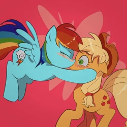 Size: 1000x1000 | Tagged: safe, artist:puretw, applejack, rainbow dash, earth pony, pegasus, pony, g4, duo, female, kiss on the lips, kissing, lesbian, mare, ship:appledash, shipping, simple background, surprise kiss