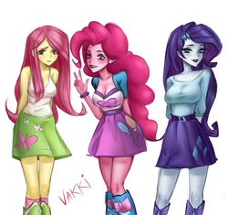Size: 3243x3045 | Tagged: safe, artist:annvakki, fluttershy, pinkie pie, rarity, equestria girls, g4, breasts, busty pinkie pie, busty rarity, cleavage, clothes, female, high res, simple background, sleeveless, tank top, trio, white background
