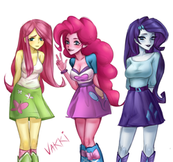 Size: 3243x3045 | Tagged: safe, artist:annvakki, fluttershy, pinkie pie, rarity, equestria girls, g4, belt, boots, breasts, busty pinkie pie, busty rarity, cleavage, clothes, female, high heel boots, high res, jacket, shirt, shoes, simple background, skirt, sleeveless, socks, tank top, trio, vest, white background