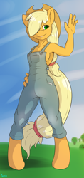 Size: 1152x2448 | Tagged: safe, artist:edgarkingmaker, applejack, earth pony, anthro, unguligrade anthro, g4, braless, breasts, clothes, color, digital, female, hair over one eye, hat, naked overalls, no underwear, overalls, sideboob, solo, waving