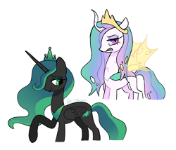 Size: 2048x1749 | Tagged: safe, artist:risswm, princess celestia, queen chrysalis, alicorn, changeling, changeling queen, pony, g4, alternate universe, changelingified, curved horn, duo, female, gritted teeth, horn, mare, palette swap, ponified, ponytober, princess chryslestia, recolor, role reversal, simple background, smiling, species swap, white background