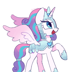 Size: 2048x1982 | Tagged: safe, artist:risswm, princess flurry heart, alicorn, pony, g4, armor, female, mare, older, older flurry heart, open mouth, open smile, ponytober, raised hoof, simple background, smiling, solo, warrior flurry heart, white background