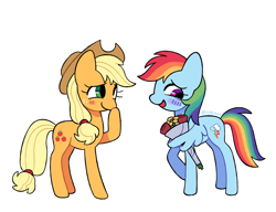 Size: 1302x1000 | Tagged: safe, artist:risswm, applejack, rainbow dash, earth pony, pegasus, pony, g4, blushing, bouquet, female, flower, lesbian, mare, ponytober, ship:appledash, shipping, simple background, white background, wing hands, wing hold, wings