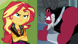 Size: 1920x1080 | Tagged: safe, edit, edited screencap, screencap, lord tirek, sunset shimmer, centaur, taur, equestria girls, equestria girls specials, g4, my little pony equestria girls: better together, my little pony equestria girls: forgotten friendship, the ending of the end, angry, crossed arms, geode of empathy, gums, magical geodes, sunset shimmer is not amused, unamused