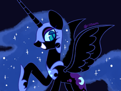 Size: 1329x1000 | Tagged: safe, artist:risswm, nightmare moon, alicorn, pony, g4, black background, concave belly, female, looking at you, mare, ponytober, profile, raised hoof, simple background, slender, smiling, smiling at you, solo, spread wings, teeth, thin, wings