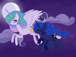 Size: 4000x3000 | Tagged: safe, artist:risswm, princess celestia, princess luna, alicorn, pony, g4, cloud, ethereal mane, ethereal tail, eyes closed, female, flying, mare, moon, night, ponytober, royal sisters, siblings, sisters, smiling, tail