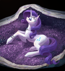 Size: 2400x2600 | Tagged: safe, artist:miurimau, rarity, pony, unicorn, g4, amethyst, bracelet, butt, crystal, dock, ear piercing, earring, facing away, female, geode, high res, jewelry, lidded eyes, looking up, lying down, mare, necklace, on side, piercing, plot, rear view, rearity, smiling, solo, tail, tiara