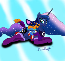 Size: 922x867 | Tagged: safe, artist:holdenwolfart, princess luna, oc, oc:holden wolf, alicorn, pony, g4, american flag, canon x oc, clothes, female, happy couple, holdenluna, horn, horn ring, larger female, luna x oc, male, mature, ring, size difference, smaller male, stockings, thigh highs