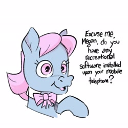 Size: 2048x2048 | Tagged: safe, artist:kyssimmee, wind whistler, pegasus, pony, g1, bowtie, bust, dialogue, high res, implied megan, simple background, solo, white background, you got games on your phone