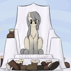 Size: 1019x1013 | Tagged: safe, artist:ahorseofcourse, oc, oc only, oc:current seeker, earth pony, pony, yakutian horse, boots, chest fluff, female, futhark, mare, shoes, sitting, snow mare, solo, throne, translated in the comments, uggs