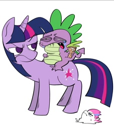 Size: 1812x2000 | Tagged: safe, artist:swagstapiece, spike, twilight sparkle, zipp storm, dragon, pony, unicorn, g5, crying, dragons riding ponies, dropped ice cream, female, food, frown, ice cream, ice cream cone, male, mare, riding, simple background, spike riding twilight, unicorn twilight, wat, white background
