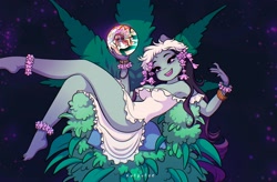 Size: 2048x1344 | Tagged: safe, artist:katputze, oc, oc only, oc:mary jane, earth pony, anthro, plantigrade anthro, barefoot, breasts, clothes, crystal ball, dress, drugs, feet, female, legs, lying down, marijuana, nail polish, on back, solo, throne, toenail polish