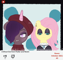Size: 1280x1220 | Tagged: safe, artist:amynewblue, fluttershy, onyx, pegasus, pony, unicorn, g5, my little pony: a new generation, beatnik pony, beret, duo, ear piercing, earring, eyeshadow, female, fluttergoth, frown, goth, hair over one eye, hat, jewelry, lidded eyes, looking at you, makeup, mare, necklace, piercing