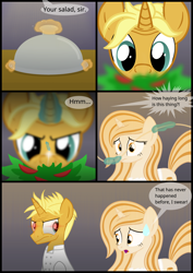 Size: 2100x2970 | Tagged: safe, artist:candy meow, gourmand ramsay, oc, oc only, oc:flan, pony, unicorn, legends of equestria, g4, apron, chef outfit, cloche, clothes, comic, counter, digital art, duo, female, food, frown, game, glare, glowing, glowing eyes, glowing eyes of doom, glowing horn, gordon ramsay, hair, high res, horn, levitation, long hair, magic, male, mane, mare, npc, omae wa mou shindeiru, open mouth, out of focus, platter, salad, show accurate, stallion, standing, sweat, sweatdrop, tail, telekinesis, two toned mane, two toned tail, unicorn oc, video game, worried, wrinkles