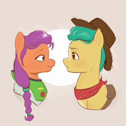 Size: 1162x1163 | Tagged: safe, artist:ddenver, hitch trailblazer, sunny starscout, earth pony, pony, g5, my little pony: a new generation, buzz lightyear, crossover, female, hat, looking at each other, male, mare, ship:starblazer, shipping, stallion, straight, toy story, woody