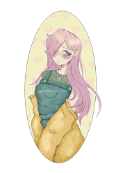 Size: 2034x2826 | Tagged: safe, artist:ghoulmilk, fluttershy, human, g4, blushing, clothes, female, hair over one eye, high res, humanized, overalls, simple background, solo, transparent background, watermark