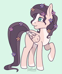 Size: 727x864 | Tagged: safe, artist:lilsoftlamb, fluttershy, pony, g4, alternate design, flower, flower in hair, green background, simple background, solo