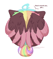 Size: 900x1000 | Tagged: safe, artist:avroras_world, oc, oc only, oc:walter evans, pegasus, pony, colored wings, cowering, curled up, don't touch me, hiding behind wing, male, multicolored mane, pegasus oc, pls, simple background, solo, stallion, two toned wings, white background, wings