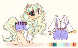 Size: 1808x1129 | Tagged: safe, artist:miioko, oc, oc only, earth pony, pony, clothes, earth pony oc, female, mare, overalls, reference sheet, simple background, solo, transparent background