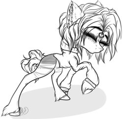 Size: 1924x1861 | Tagged: safe, artist:beamybutt, oc, oc only, earth pony, pony, clothes, ear fluff, earth pony oc, eyelashes, eyes closed, female, lineart, mare, monochrome, raised hoof, simple background, solo, unshorn fetlocks, white background