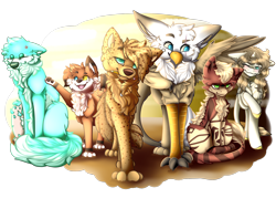 Size: 2520x1800 | Tagged: safe, artist:sketchytwi, oc, oc only, cat, griffon, pony, unicorn, chest fluff, female, griffon oc, group, horn, mare, one eye closed, paw pads, paws, raised hoof, simple background, smiling, transparent background, underpaw, unicorn oc, wink