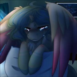 Size: 3610x3610 | Tagged: safe, artist:sketchytwi, oc, oc only, oc:aurora, alicorn, pony, alicorn oc, bust, chest fluff, female, high res, horn, hug, indoors, mare, pillow, pillow hug, solo, wings