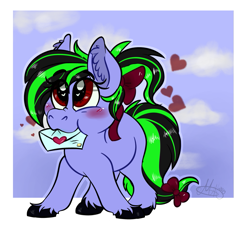 Size: 905x840 | Tagged: safe, artist:milledpurple, oc, oc only, earth pony, pony, blushing, bow, cute, ear fluff, earth pony oc, female, hair bow, heart eyes, letter, mare, mouth hold, ocbetes, solo, tail, tail bow, unshorn fetlocks, wingding eyes