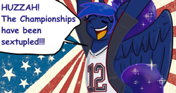Size: 1323x700 | Tagged: safe, artist:tranzmuteproductions, princess luna, alicorn, pony, g4, :d, american flag, american football, cheering, clothes, ethereal mane, eyes closed, female, huzzah, mare, new england patriots, nfl, open mouth, open smile, smiling, sports, starry mane, talking, the fun has been doubled